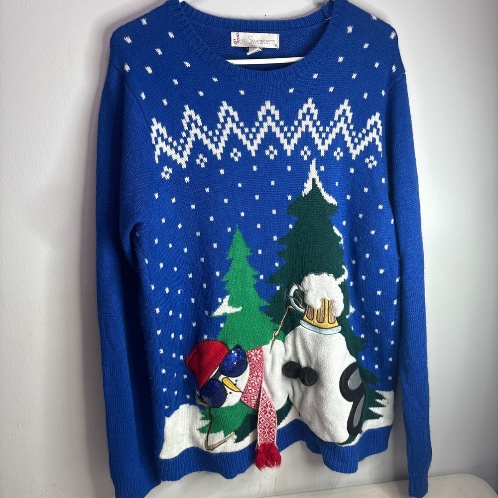 Jolly Sweaters Blue Penguin Snowman Beer Ugly Christmas Sweater L/G